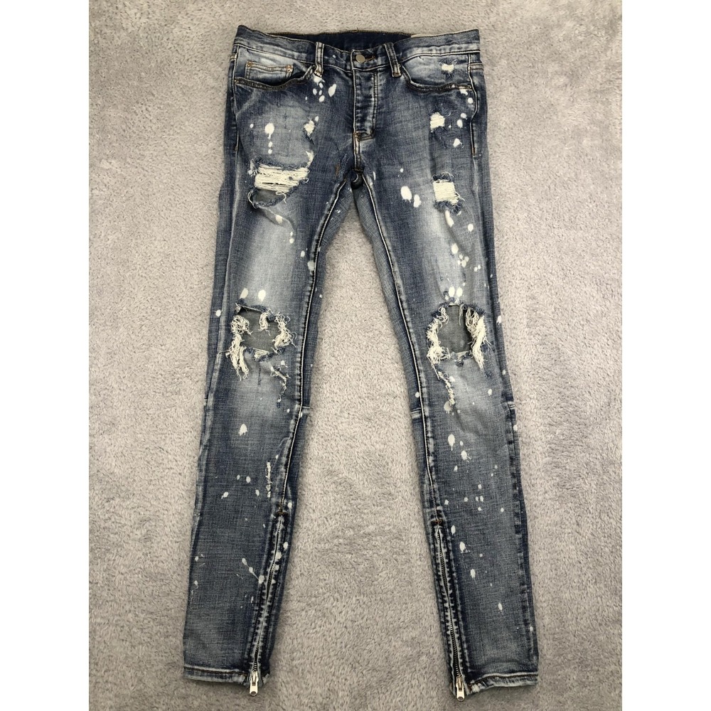 Mnml Jeans Mens 32x33 (Tag 31) Blue Skinny Distressed Zip Hem Denim Low Rise
